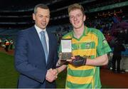 7 February 2016; Pictured is Bryan Skehan, Relationship manager, AIB, presenting Seán Morrissey, from Bennettsbridge, with the Man of the Match award for his outstanding performance in the AIB GAA Intermediate Hurling Club Championship Final, Abbeyknockmoy vs Bennettsbridge in Croke Park. For exclusive content and to see why AIB are backing Club and County follow us @AIB_GAA and on Facebook at Facebook.com/AIBGAA. Picture credit: Ray McManus / SPORTSFILE