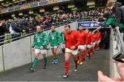 7 February 2016; Ireland captain Rory Best and Wales' Jamie Roberts walk out ahead of the game. RBS Six Nations Rugby Championship 2016, Ireland v Wales. Aviva Stadium, Lansdowne Road, Dublin. Picture credit: Ramsey Cardy / SPORTSFILE