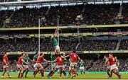 7 February 2016; Devin Toner, Ireland, wins a lineout. RBS Six Nations Rugby Championship 2016, Ireland v Wales. Aviva Stadium, Lansdowne Road, Dublin. Picture credit: Ramsey Cardy / SPORTSFILE
