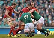7 February 2016; Tomas Francis, Wales, is tackled by Donnacha Ryan, and Tadhg Furlong, Ireland. RBS Six Nations Rugby Championship 2016, Ireland v Wales. Aviva Stadium, Lansdowne Road, Dublin. Picture credit: Brendan Moran / SPORTSFILE