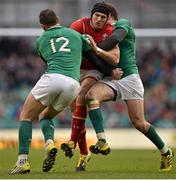 7 February 2016; Tom James, Wales, is tackled by Robbie Henshaw, left, and Jared Payne, Ireland. RBS Six Nations Rugby Championship 2016, Ireland v Wales. Aviva Stadium, Lansdowne Road, Dublin. Picture credit: Brendan Moran / SPORTSFILE