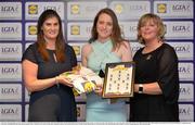 1 June 2016; Niamh Richardson, Limerick, receives her Division 4 Lidl Ladies Team of the League Award from Aoife Clarke, head of communications, Lidl Ireland, left, and Marie Hickey, President of Ladies Gaelic Football, right, at the Lidl Ladies Teams of the League Award Night. The Lidl Teams of the League were presented at Croke Park with 60 players recognised for their performances throughout the 2016 Lidl National Football League Campaign. The 4 teams were selected by opposition managers who selected the best players in their position with the players receiving the most votes being selected in their position. Croke Park, Dublin. Photo by Cody Glenn/Sportsfile