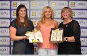 1 June 2016; Áine Tubridy, Antrim, receives her Division 4 Lidl Ladies Team of the League Award from Aoife Clarke, head of communications, Lidl Ireland, left, and Marie Hickey, President of Ladies Gaelic Football, right, at the Lidl Ladies Teams of the League Award Night. The Lidl Teams of the League were presented at Croke Park with 60 players recognised for their performances throughout the 2016 Lidl National Football League Campaign. The 4 teams were selected by opposition managers who selected the best players in their position with the players receiving the most votes being selected in their position. Croke Park, Dublin. Photo by Cody Glenn/Sportsfile