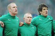 28 November 2009; ireland wing Keith Earls stands in between locks Paul O'Connell, left, and Donncha O'Callaghan during the national anthems. Autumn International Guinness Series 2009, Ireland v South Africa, Croke Park, Dublin. Picture credit: Brendan Moran / SPORTSFILE