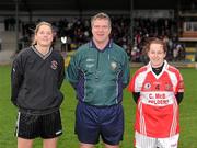 29 November 2009; Referee Des McEnery, Waterford, with Donoughmore captain Juliet Murphy, left, and Donamoyne captain Niamh Lynch. Tesco All-Ireland Ladies Senior Club Championship Final, Donoughmore, Cork v Donamoyne, Monaghan, St. Rynagh's GAA Club, Banagher, Co. Offaly. Picture credit: Ray McManus / SPORTSFILE