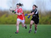 29 November 2009; Eileen McElroy, Donamoyne, in action against Patrice Kearney, Donoughmore. Tesco All-Ireland Ladies Senior Club Championship Final, Donoughmore, Cork v Donamoyne, Monaghan, St. Rynagh's GAA Club, Banagher, Co. Offaly. Picture credit: Ray McManus / SPORTSFILE