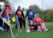 29 November 2009; Juliet Murphy, Donoughmore, in action against Hazel Kingham, Donamoyne. Tesco All-Ireland Ladies Senior Club Championship Final, Donoughmore, Cork v Donamoyne, Monaghan, St. Rynagh's GAA Club, Banagher, Co. Offaly. Picture credit: Ray McManus / SPORTSFILE