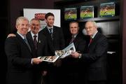 1 December 2009; Uachtarán CLG Gael Criostóir Ó Cuana, with Ray McManus, left, Kilkenny hurler Martin Comerford, centre, whose picture appears on the book cover, Brian O'Casey, Managing Director of Carroll Cuisine, and Seamus Carroll, founder of Carroll Cuisine, right, at the book launch of A Season of Sundays 2009. In its thirteenth successive year Sportsfile photographers have captured another historic GAA year. The Croke Park Hotel, Jones’ Road, Dublin. Picture credit: Brian Lawless / SPORTSFILE