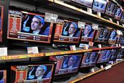 4 December 2009; General view of television screens broadcasting the FIFA 2010 World Cup Draw with French manager Raymond Domenech. Power City store, Fonthill retail park, Clondalkin, Co. Dublin. Picture credit: David Maher / SPORTSFILE