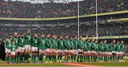 7 February 2016; The Ireland squad during the National Anthem. RBS Six Nations Rugby Championship 2016, Ireland v Wales. Aviva Stadium, Lansdowne Road, Dublin. Picture credit: Ramsey Cardy / SPORTSFILE