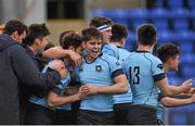 8 February 2016; Jack Kelly, St Michael's College, is congratulated by team-mates after scoring his side's fourth try. St Michael's College v Terenure College - Bank of Ireland Leinster Schools Senior Cup 2nd Round. Donnybrook Stadium, Donnybrook, Dublin. Picture credit: Sam Barnes / SPORTSFILE