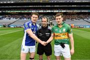 6 February 2016; Referee Niall Cullen, Fermanagh, with Templenoe captain Tadhg Morley and Ardnaree Sarsfields captain Eoin McCormack. AIB GAA Football All-Ireland Junior Club Championship Final, Ardnaree Sarsfields, Mayo, v Templenoe, Kerry. Croke Park, Dublin. Picture credit: Stephen McCarthy / SPORTSFILE