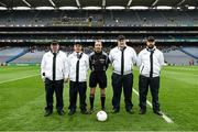 6 February 2016; Referee Niall Cullen, Fermanagh, and his umpires ahead of the game. AIB GAA Football All-Ireland Junior Club Championship Final, Ardnaree Sarsfields, Mayo, v Templenoe, Kerry. Croke Park, Dublin. Picture credit: Stephen McCarthy / SPORTSFILE