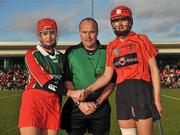 6 December 2009; Referee Mike O'Kelly with captains Siobhan Convery, right, Lavey, and Mairead Murphy, St Anne's Dunhill. All-Ireland Junior Camogie Club Championship Final, Lavey, Derry v St Anne's Dunhill, Waterford, Donaghmore Ashbourne, Co. Meath. Picture credit: Brian Lawless / SPORTSFILE