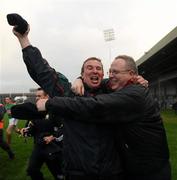 6 December 2009; Kilmurray Ibrickane manager Micheal McDermott celebrates his side's victory with selector Martin Cahill, left. AIB GAA Football Munster Club Senior Championship Final, Kilmurray Ibrickane, Clare, v Kerins O'Rahilly's, Kerry. Gaelic Grounds, Limerick. Picture credit: Stephen McCarthy / SPORTSFILE
