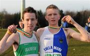 6 December 2009; Chris Jones, Dublin, winner of the Boys Under 19 race, left, along with Liam Brady, Tullamore A.C., second place, after the Woodie’s DIY/AAI Novice & Juvenile Uneven Ages Cross Country Championships. University of Ulster, Coleraine, Derry. Picture credit: Oliver McVeigh / SPORTSFILE