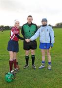 6 December 2009; Referee Fintan McNamara with Athenry captain Therese Maher, left and Cashel captain Una Dwyer before the game. All-Ireland Senior Camogie Club Championship Final, Athenry, Galway v Cashel, Tipperary, Clarecastle GAA Club, Clarecastle, Co. Clare. Picture credit: Diarmuid Greene / SPORTSFILE