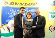 8 December 2009; Joint winners Keith Cronin, left, and Paul Nagle, who received the award on behalf of Kris Meeke, are presented with the Manley Memorial Trophy for the International Driver of the Year, from Shelagh Manley, during the Dunlop Champions of Irish Motorsport Awards Lunch 2009. Dunlop Champions of Irish Motorsport Awards Lunch 2009, The Crowne Plaza Hotel, Santry, Dublin. Picture credit: Pat Murphy / SPORTSFILE