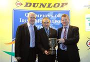 8 December 2009; Eugene Donnelly, driver, right, and Paddy Toner, navigator, left, are presented with the Tarmac Rally Organisers Association, (TROA) Champions award by Joe Corcoran, Vice President of Motorsport Ireland, during the Dunlop Champions of Irish Motorsport Awards Lunch 2009. Dunlop Champions of Irish Motorsport Awards Lunch 2009, The Crowne Plaza Hotel, Santry, Dublin. Picture credit: Pat Murphy / SPORTSFILE