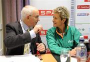 10 December 2009; Liam Hennessy, Event Director and President of Athletics Ireland in conversation with Irish team manager Ann Keenan Buckley at an Irish team press conference ahead of the SPAR European Cross Country Championships. Crowne Plaza Dublin-Northwood, Northwood Park, Santry, Dublin. Picture credit: Brendan Moran / SPORTSFILE