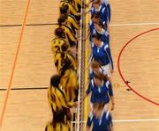 10 December 2009; A general view of Mary Immaculate Lisdoonvarna, Clare, and St Brigid's Convent of Mercy Tuam, Galway, players shaking hands ahead of the game. VAI Schools Senior Volleyball Finals 2009, Senior Girls 'C' Final, UCD Sports Centre, Belfield, Dublin. Picture credit: Stephen McCarthy / SPORTSFILE