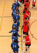 10 December 2009; Mountmellick Community School, Laois, and Pipers Hill College Naas, Kildare, players shake hands after the game. VAI Schools Senior Volleyball Finals 2009, Senior Boys 'B' Final, UCD Sports Centre, Belfield, Dublin. Picture credit: Stephen McCarthy / SPORTSFILE