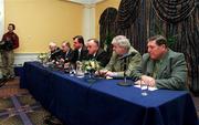 9 March 2001; Top table, from left, UEFA Executive member Des Casey, Vice President of the FAI Milo Corcoran, President of the FAI Pat Quigley, Chief Executive of the FAI Bernard O'Byrne, Chairman of eircom League Michael Hyland and Honorary Treasurer of the FAI Brendan Menton, answering questions from the press after a FAI senior council meeting had agreed to scrap eircom Park, in favour of the Government's Stadium Ireland at the Green Isle Hotel in Dublin. Photo by Damien Eagers/Sportsfile