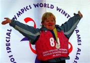 11 March 2001; Jacinta O'Neill, from Glasnevin in Dublin, shows her delight at winning the Silver Medal in Division F09 of the Novice Slalom Final at the 2001 Special Olympics World Winter Games at the Alyeska Ski Resort in Anchorage, Alaska, USA. Photo by Ray McManus/Sportsfile