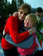 11 March 2001; Ireland's Jacinta O'Neill, from Glasnevin in Dublin, is embraced by her mother Margaret after she was presented with a Silver Medal for her efforts in Division F09 of the Novice Slalom Final at the 2001 Special Olympics World Winter Games at the Alyeska Ski Resort in Anchorage, Alaska, USA. Photo by Ray McManus/Sportsfile