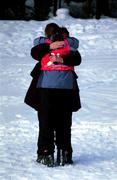 11 March 2001; Ireland athlete Lorraine Whelan, from Delgany in Wicklow, is embraced by a course official at the end of the final day's competition at the 2001 Special Olympics World Winter Games at the Alyeska Ski Resort in Anchorage, Alaska, USA. Photo by Ray McManus/Sportsfile