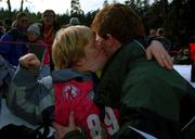 11 March 2001; Ireland's Jacinta O'Neill, from Glasnevin in Dublin, kisses her brother Fiachra after she was presented with a Silver Medal for her efforts in Division F09 of the Novice Slalom Final at the 2001 Special Olympics World Winter Games at the Alyeska Ski Resort in Anchorage, Alaska, USA. Photo by Ray McManus/Sportsfile