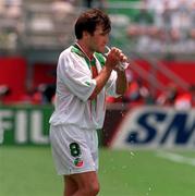 24 June 1994; Ray Houghton of Republic of Ireland drinks from a water bag during the FIFA World Cup 1994 Group E match between Mexico and Republic of Ireland at the Citrus Bowl in Orlando, Florida, USA. Photo by David Maher/Sportsfile