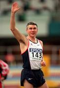 9 March 2001; Jonathan Edwards of Great Britain, at the Men's Triple Jump Final during the World Indoor Athletics Championship at the Atlantic Pavillion in Lisbon, Portugal. Photo by Brendan Moran/Sportsfile