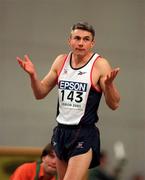 9 March 2001; Jonathan Edwards of Great Britain during the Men's Triple Jump Final during the World Indoor Athletics Championship at the Atlantic Pavillion in Lisbon, Portugal. Photo by Brendan Moran/Sportsfile