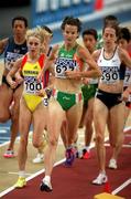 9 March 2001; Sonia O'Sullivan of Ireland, 627, leads Gabriela Szabo of Romania, 700, in the Women's 3000m heats during the World Indoor Athletics Championship at the Atlantic Pavillion in Lisbon, Portugal. Photo by Brendan Moran/Sportsfile