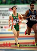 9 March 2001; Daniel Caulfield of Ireland competing in the Men's 800m heats during the World Indoor Athletics Championship at the Atlantic Pavillion in Lisbon, Portugal. Photo by Brendan Moran/Sportsfile
