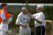 22 March 2001; Mick Byrne applies sun cream to Lee Carsley as Kevin Kilbane watches on during a Republic of Ireland training session in Limassol, Cyprus. Photo by David Maher/Sportsfile