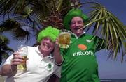 23 March 2001; Republic of Ireland fans Tony Nolan, right, and Jimmy Behan, both from Dublin, enjoy the sunshine on the beach at Larnaca in Cyprus ahead of tomorrow's 2002 FIFA World Cup Qualification Group 2 match against Cyprus. Photo by David Maher/Sportsfile