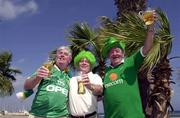 23 March 2001; Republic of Ireland fans, from left,Tony Nolan, Mick Fitzsimmons, and Jimmy Behan enjoy the sunshine on the beach at Larnaca in Cyprus ahead of tomorrow's 2002 FIFA World Cup Qualification Group 2 match against Cyprus. Photo by David Maher/Sportsfile