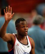 11 March 2001; Daniel Caines of Great Britain celebrates winning Gold in the Mens 400m Final during the World Indoor Athletics Championship at the Atlantic Pavillion in Lisbon, Portugal. Photo by Brendan Moran/Sportsfile