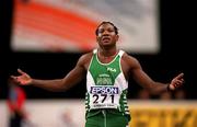 11 March 2001; Deji Ailu of  Nigeria protests his innocence after two false starts and being disqualified from the Men's 60m Final during the World Indoor Athletics Championship at the Atlantic Pavillion in Lisbon, Portugal. Photo by Brendan Moran/Sportsfile