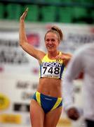 9 March 2001; Kassa Berquist of Sweden celebrates winning gold in the women's high jump during the World Indoor Athletics Championship at the Atlantic Pavillion in Lisbon, Portugal. Photo by Brendan Moran/Sportsfile