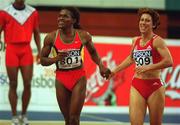 11 March 2001; Maria Mutola of Mozambioque, left, and Stephanie Graf of Australia, celebrate winning Gold and Silver medals respectively in the Womens 800m Final during the World Indoor Athletics Championship at the Atlantic Pavillion in Lisbon, Portugal. Photo by Brendan Moran/Sportsfile