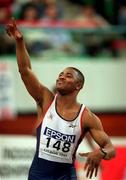11 March 2001; Mark Lewis-Francis of Great Britain celebrates his bronze medal in the men's 60m final during the World Indoor Athletics Championship at the Atlantic Pavillion in Lisbon, Portugal. Photo by Brendan Moran/Sportsfile