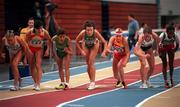 10 March 2001; Sonia O'Sullivan of Ireland, centre, awaits the start of the Women's 3000m Final during the World Indoor Athletics Championship at the Atlantic Pavillion in Lisbon, Portugal. Photo by Brendan Moran/Sportsfile