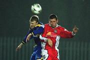 23 March 2001; Keith O'Connor of Longford Town in action against Darragh Maguire of St Patrick's Athletic during the FAI Harp Lager Cup Third Round Replay match between St Patrick's Athletic and Longford Town at Richmond Park in Dublin. Photo by Matt Browne/Sportsfile