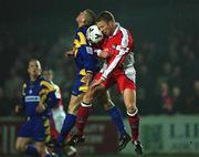 23 March 2001; Stephen Gavin of Longford Town in action against Stephen McGuinness of St Patrick's Athletic during the FAI Harp Lager Cup Third Round Replay match between St Patrick's Athletic and Longford Town at Richmond Park in Dublin. Photo by Matt Browne/Sportsfile