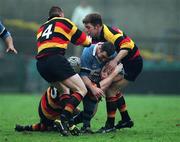 24 March 2001; Paul Cleary of Galwegians is tackled by Stephen O'Connor, 4, Graham Quinn and Stephen Rooney, right, of Lansdowne during the AIB All-Ireland League Division 1 match between Lansdowne RFC and Galwegians RFC at Lansdowne Road in Dublin. Photo by Aoife Rice/Sportsfile