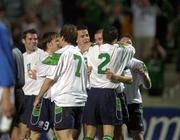 24 March 2001; Roy Keane of Republic of Ireland is congratulated by team-mates, including Gary Kelly, 2, after scoring a goal during the 2002 FIFA World Cup Qualification Group 2 match between Cyprus and Republic of Ireland at GSP Stadium in Nicosia, Cyprus. Photo by David Maher/Sportsfile