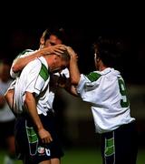 24 March 2000; Roy Keane of Republic of Ireland is congratulated by team-mates Kevin Kilbane, left, and David Connolly, 9, after scoring during the 2002 FIFA World Cup Qualification Group 2 match between Cyprus and Republic of Ireland at GSP Stadium in Nicosia, Cyprus. Photo by Damien Eagers/Sportsfile
